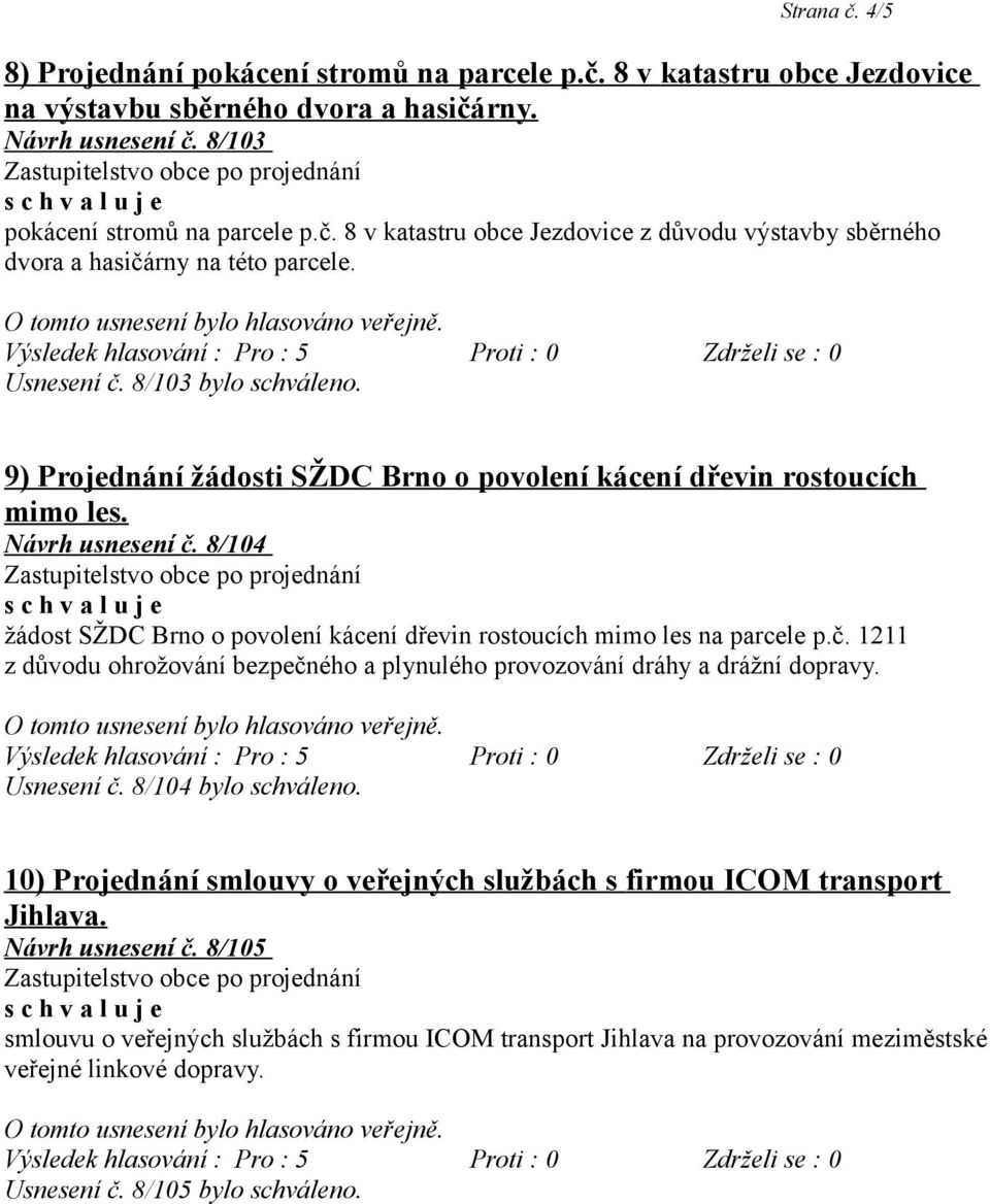 8/104 žádost SŽDC Brno o povolení kácení dřevin rostoucích mimo les na parcele p.č. 1211 z důvodu ohrožování bezpečného a plynulého provozování dráhy a drážní dopravy. Usnesení č.