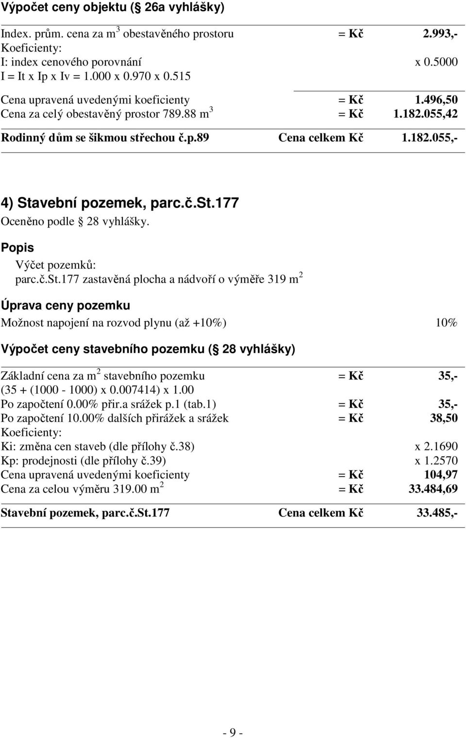 č.st.177 Oceněno podle 28 vyhlášky. Popis Výčet pozemků: parc.č.st.177 zastavěná plocha a nádvoří o výměře 319 m 2 Úprava ceny pozemku Možnost napojení na rozvod plynu (až +10%) 10% Výpočet ceny