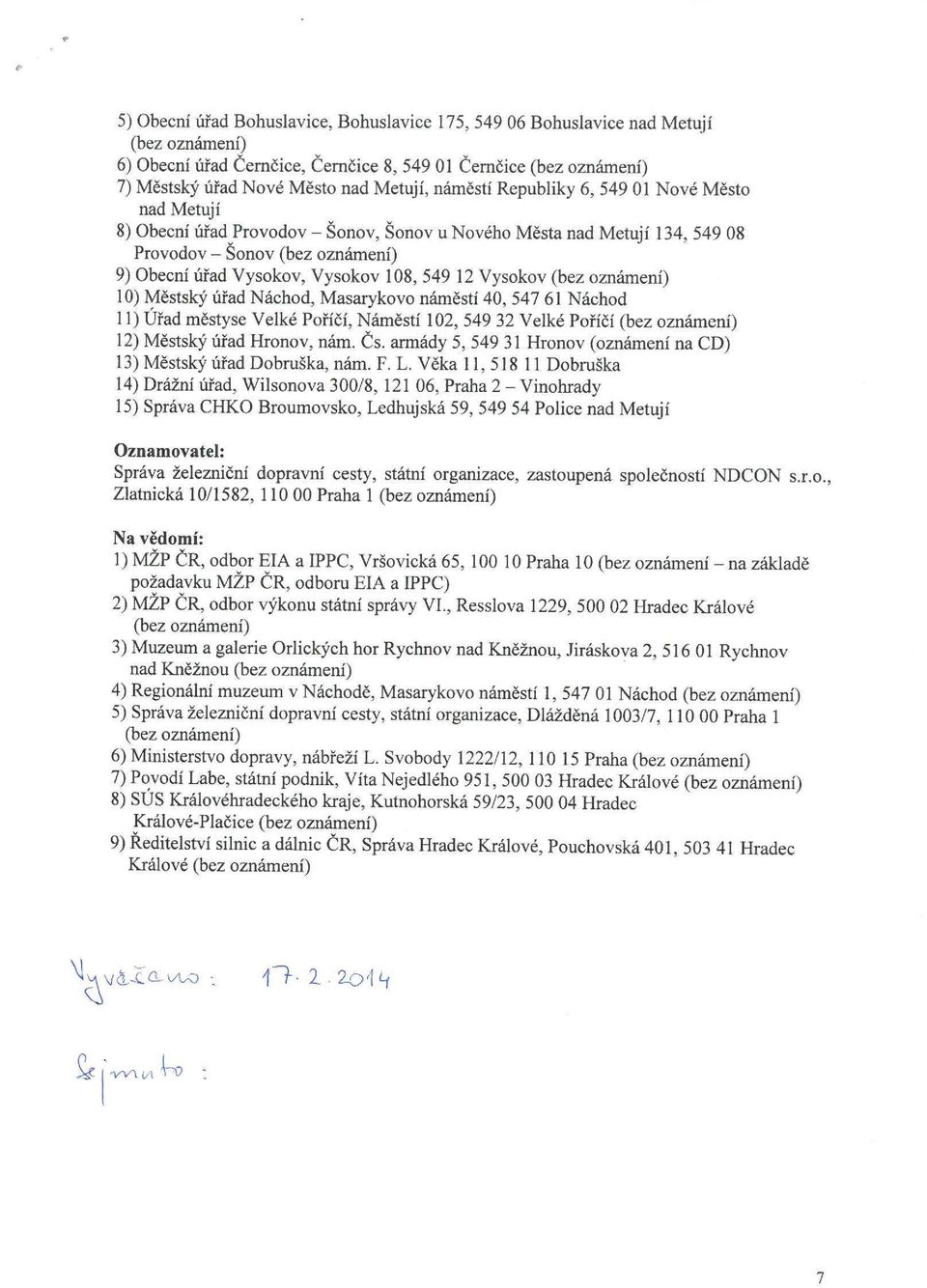 12 Vysokov (bez oznámení) 10) Městský úřad Náchod, Masarykovo náměstí 40, 547 61 Náchod 11) Úřad městyse Velké Poříčí, Náměstí 102, 549 32 Velké Poříčí (bez oznámení) 12) Městský úřad Hronov, nám. Čs.