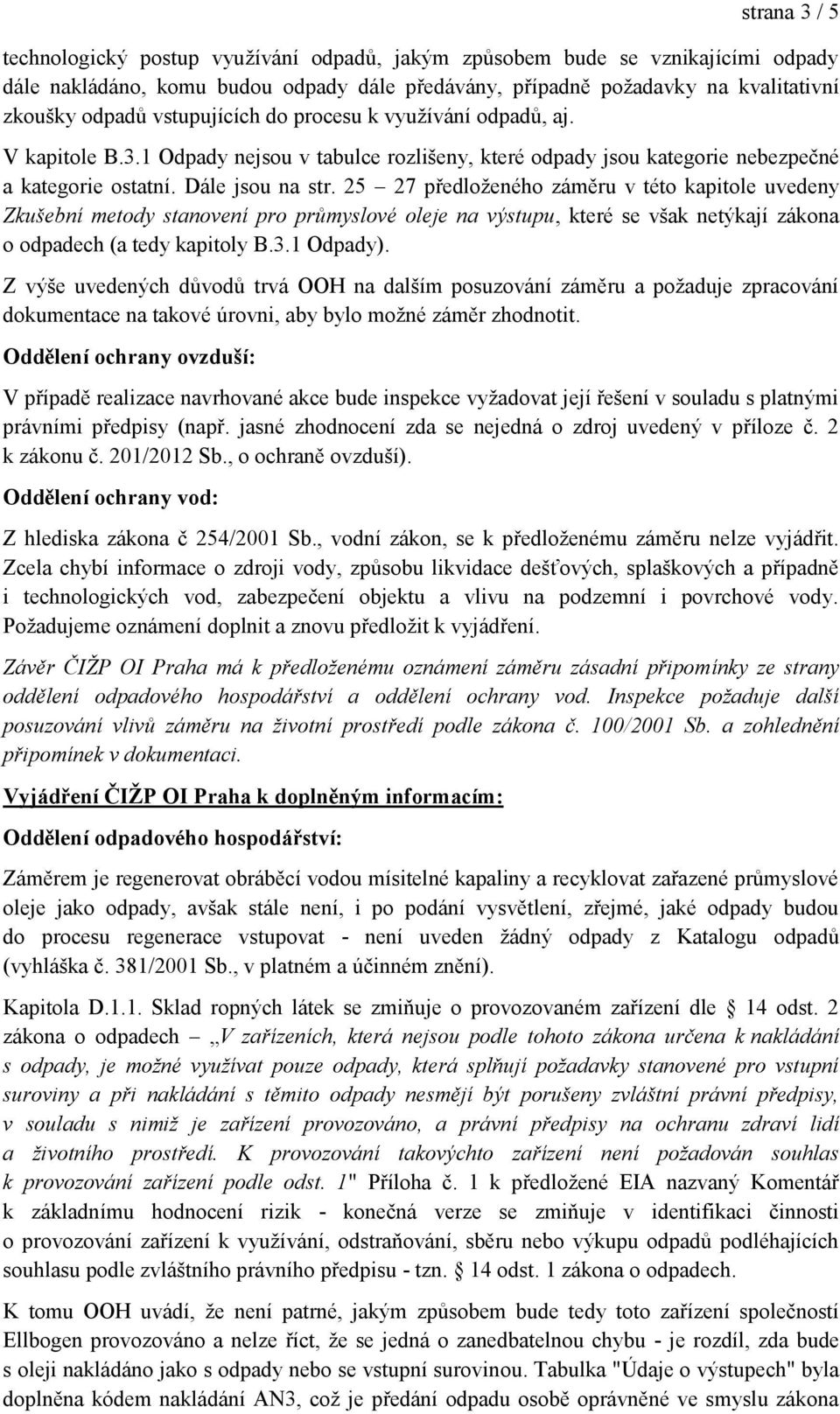 25 27 předloženého záměru v této kapitole uvedeny Zkušební metody stanovení pro průmyslové oleje na výstupu, které se však netýkají zákona o odpadech (a tedy kapitoly B.3.1 Odpady).