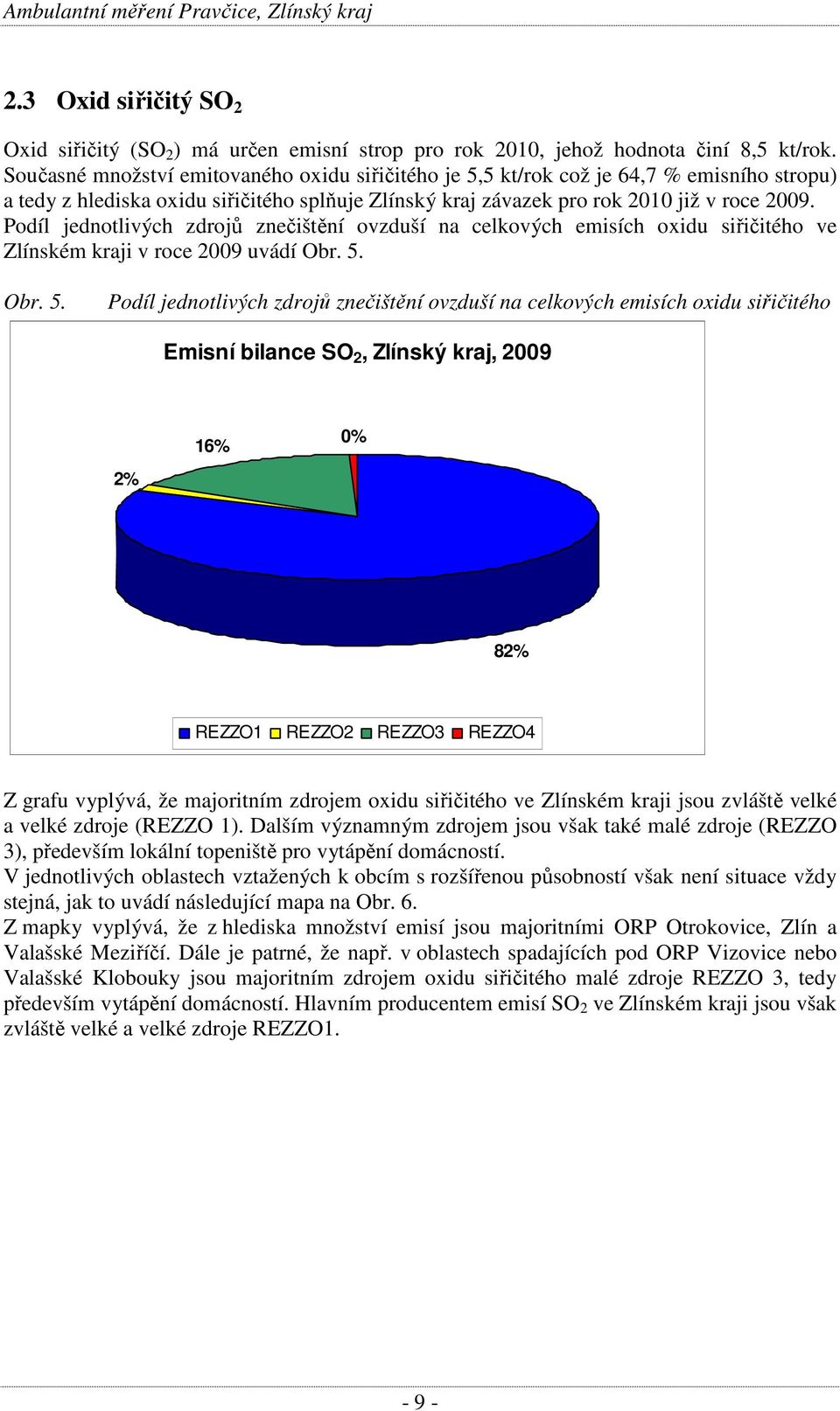 Podíl jednotlivých zdrojů znečištění ovzduší na celkových emisích oxidu siřičitého ve Zlínském kraji v roce 2009 uvádí Obr. 5.