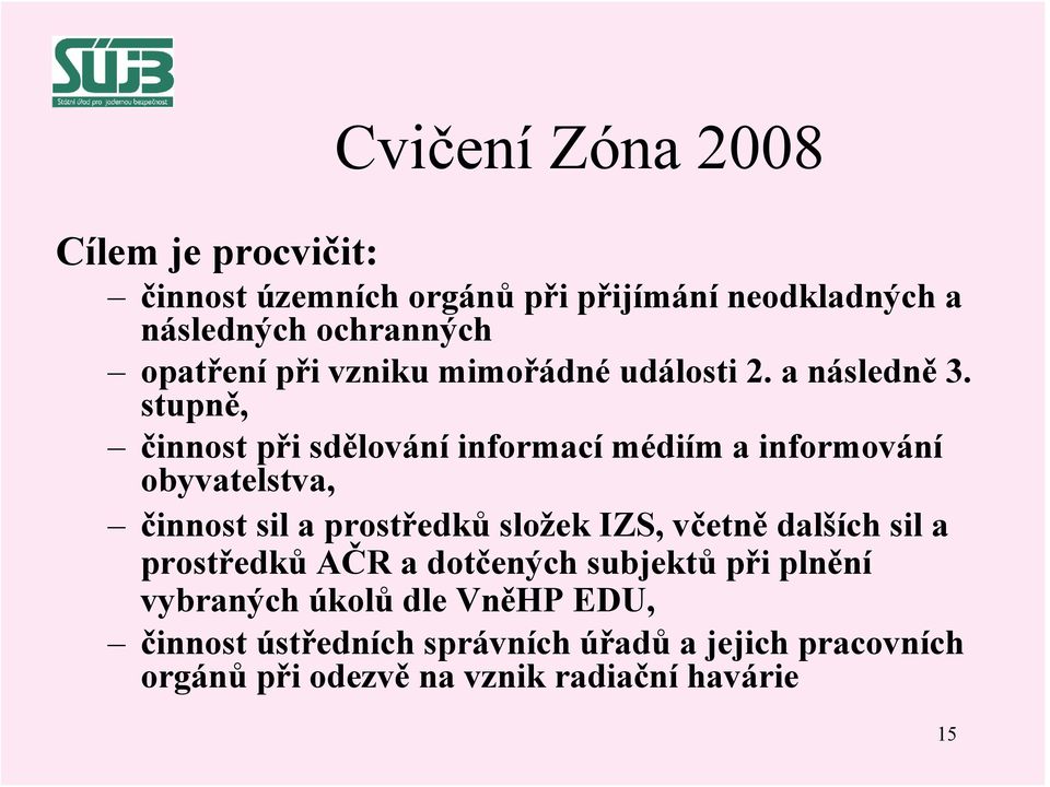 stupně, činnost při sdělování informací médiím a informování obyvatelstva, činnost sil a prostředků složek IZS, včetně