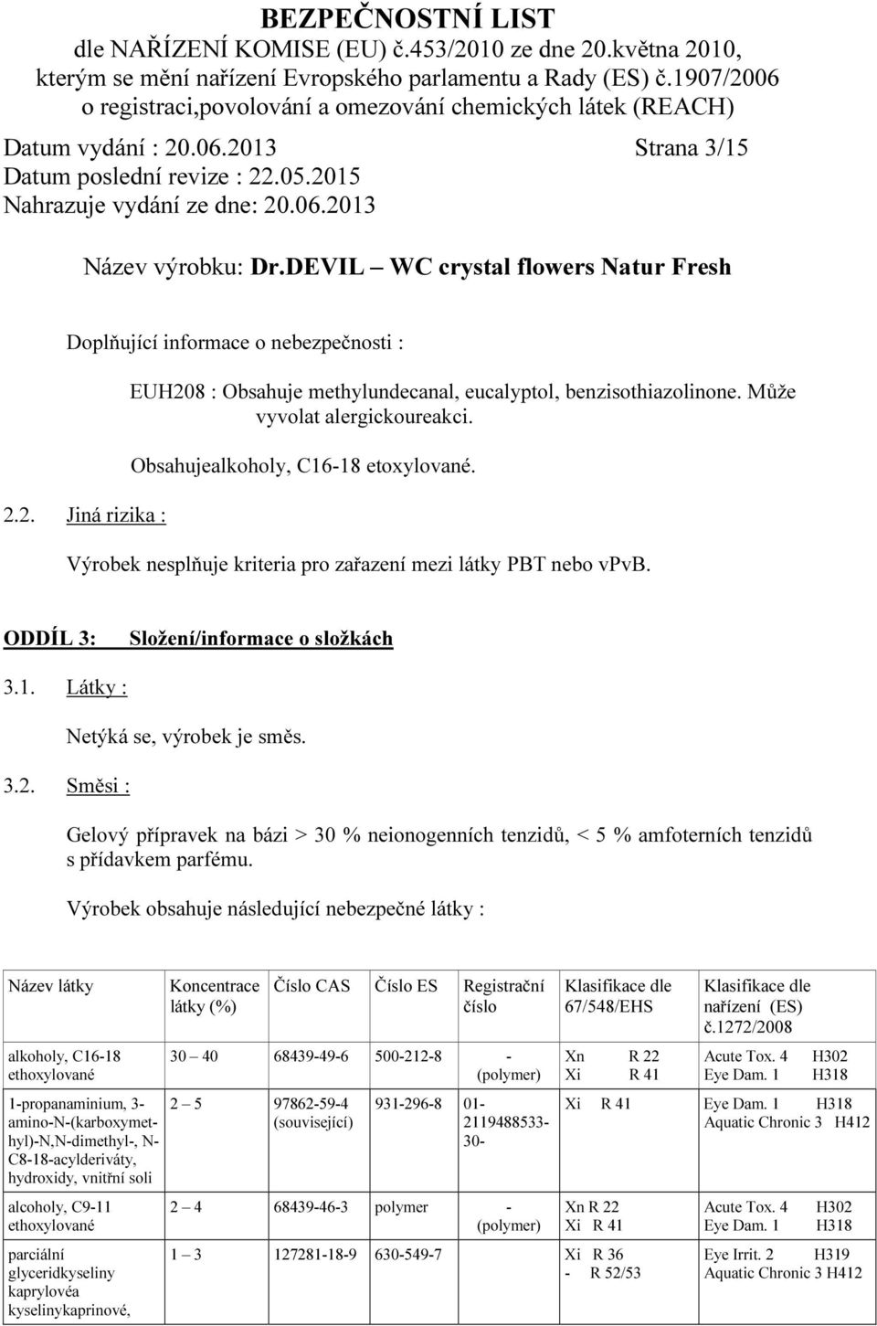 Směsi : Gelový přípravek na bázi > 30 % neionogenních tenzidů, < 5 % amfoterních tenzidů s přídavkem parfému.