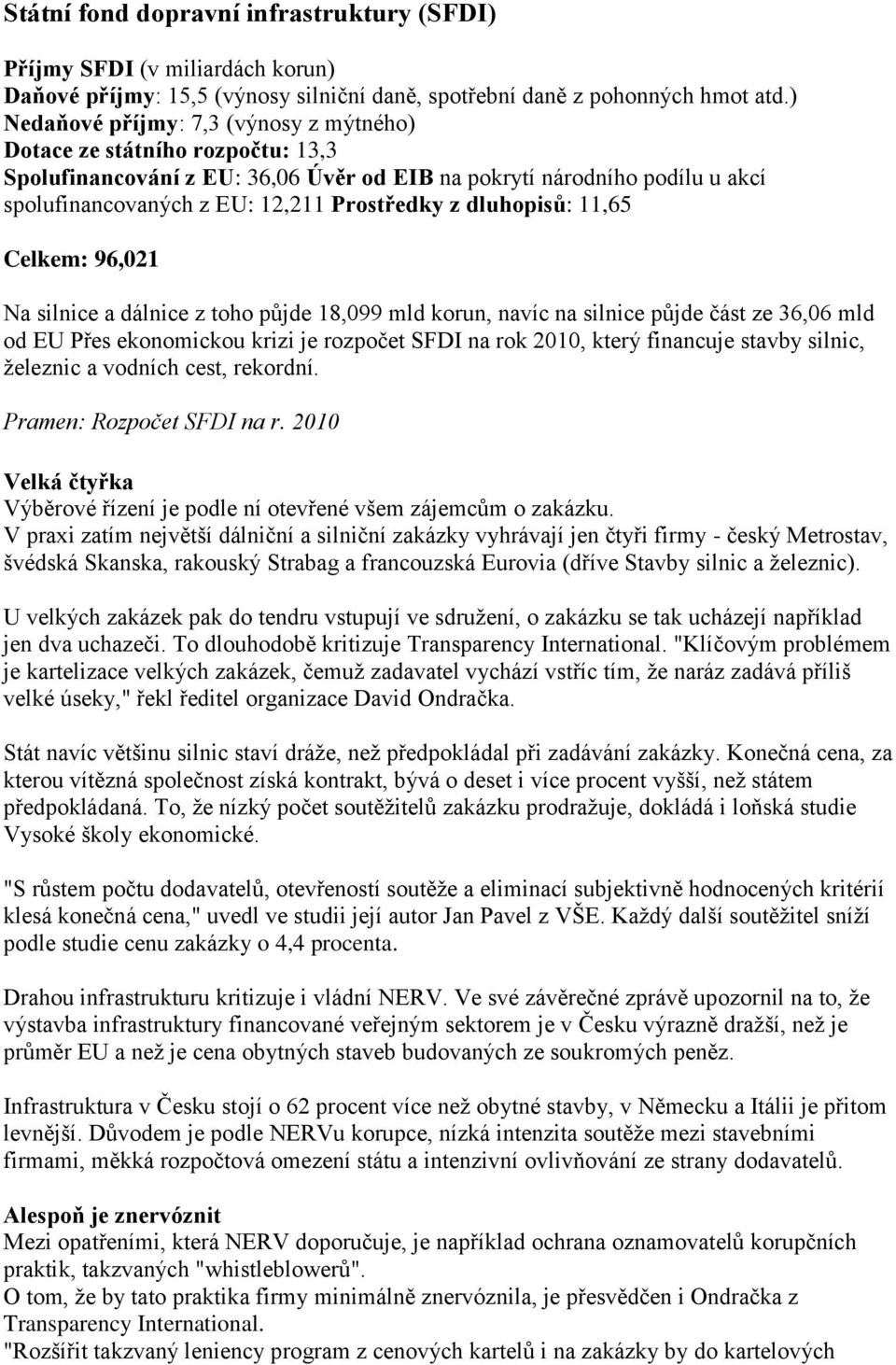 dluhopisů: 11,65 Celkem: 96,021 Na silnice a dálnice z toho půjde 18,099 mld korun, navíc na silnice půjde část ze 36,06 mld od EU Přes ekonomickou krizi je rozpočet SFDI na rok 2010, který financuje