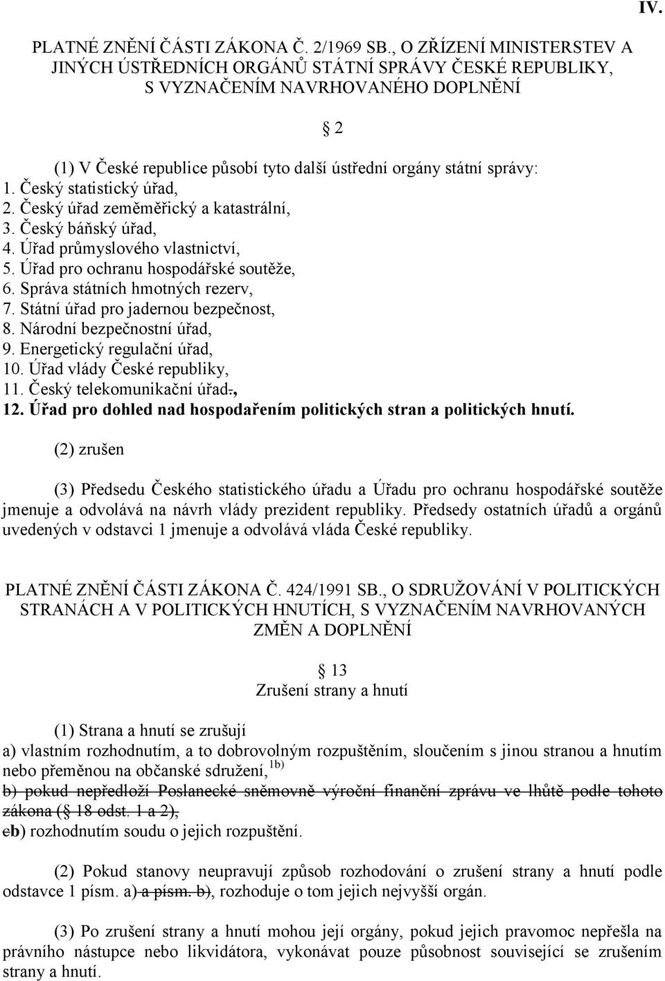 Český statistický úřad, 2. Český úřad zeměměřický a katastrální, 3. Český báňský úřad, 4. Úřad průmyslového vlastnictví, 5. Úřad pro ochranu hospodářské soutěže, 6. Správa státních hmotných rezerv, 7.