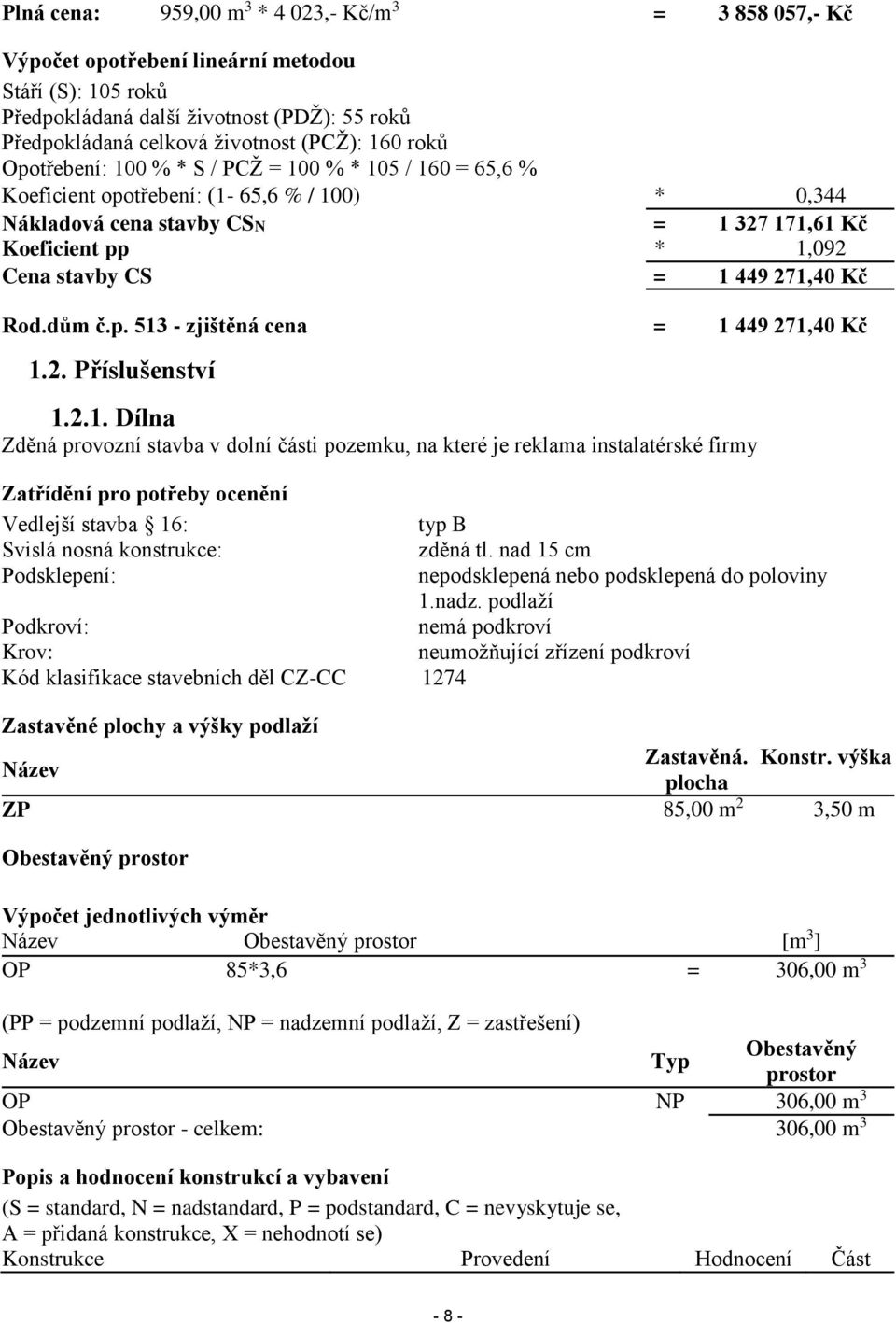 271,40 Kč Rod.dům č.p. 513 - zjištěná cena = 1 449 271,40 Kč 1.2. Příslušenství 1.2.1. Dílna Zděná provozní stavba v dolní části pozemku, na které je reklama instalatérské firmy Zatřídění pro potřeby ocenění Vedlejší stavba 16: typ B Svislá nosná konstrukce: zděná tl.