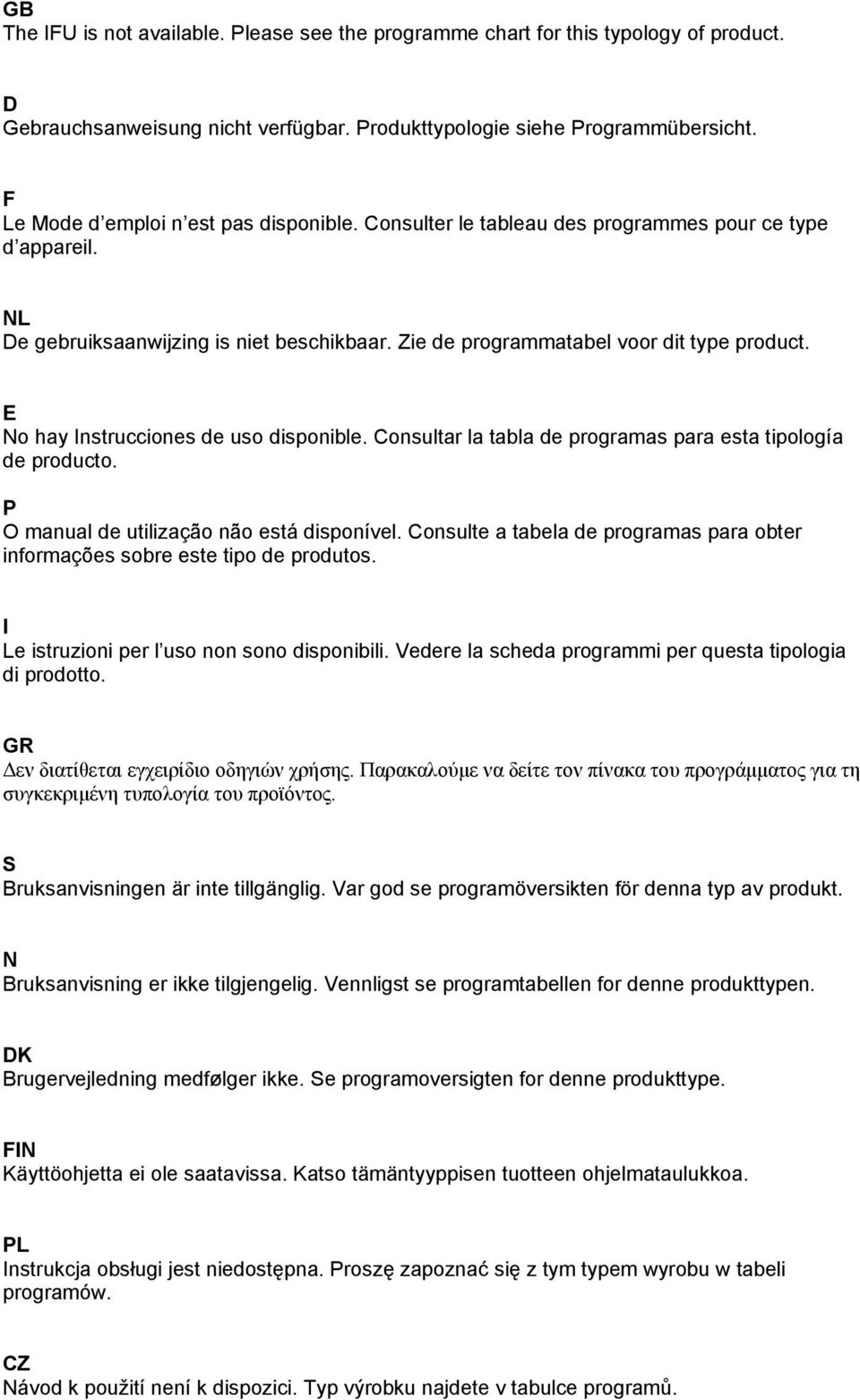 E No hay Instrucciones de uso disponible. Consultar la tabla de programas para esta tipología de producto. P O manual de utilização não está disponível.