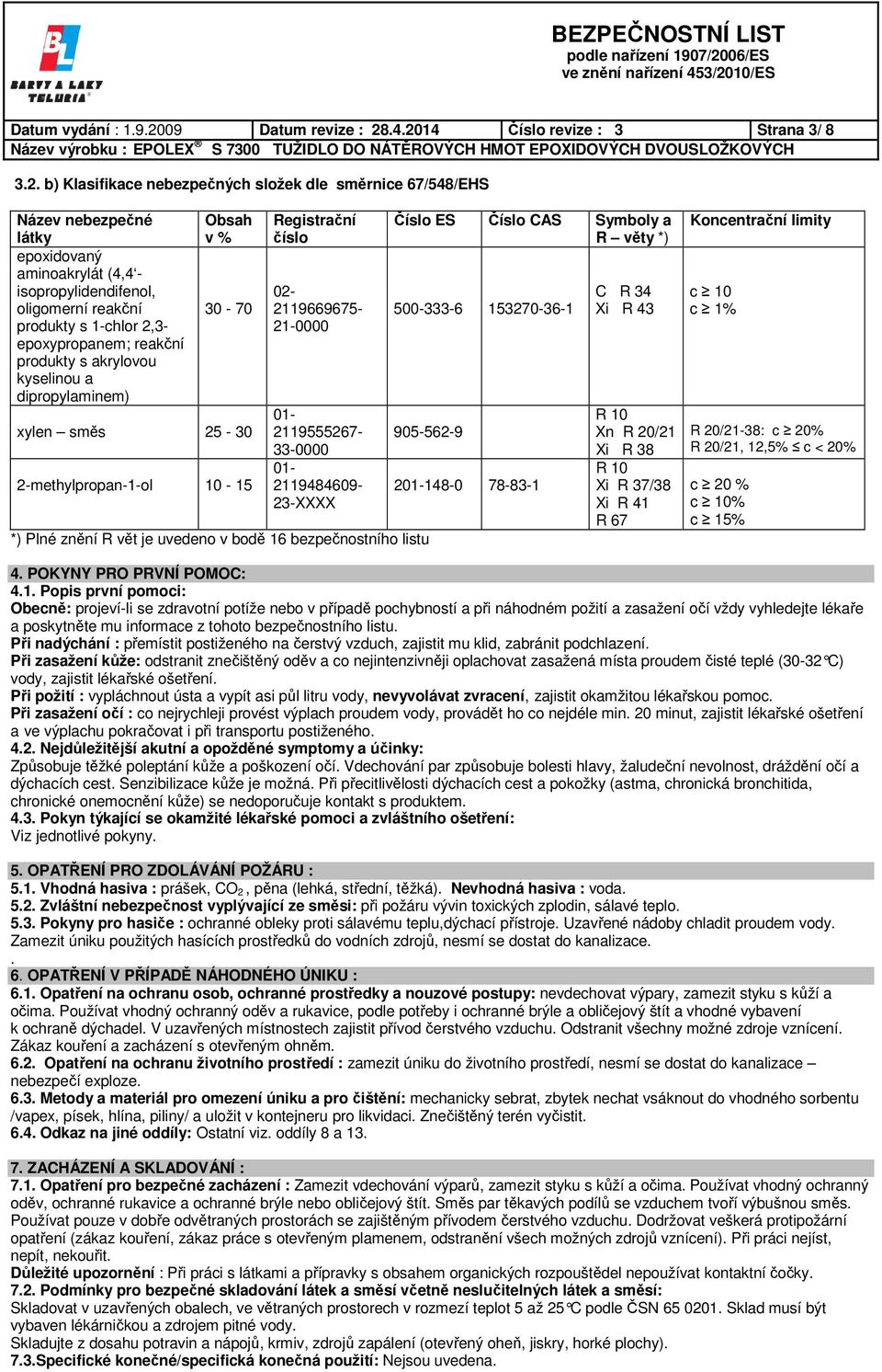 .4.2014 Číslo revize : 3 Strana 3/ 8 3.2. b) Klasifikace nebezpečných složek dle směrnice 67/548/EHS Název nebezpečné látky epoxidovaný aminoakrylát (4,4 - isopropylidendifenol, oligomerní reakční