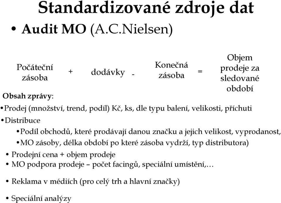 podíl) Kč, ks, dle typu balení, velikosti, příchuti Distribuce Podíl obchodů, které prodávají danou značku a jejich velikost,