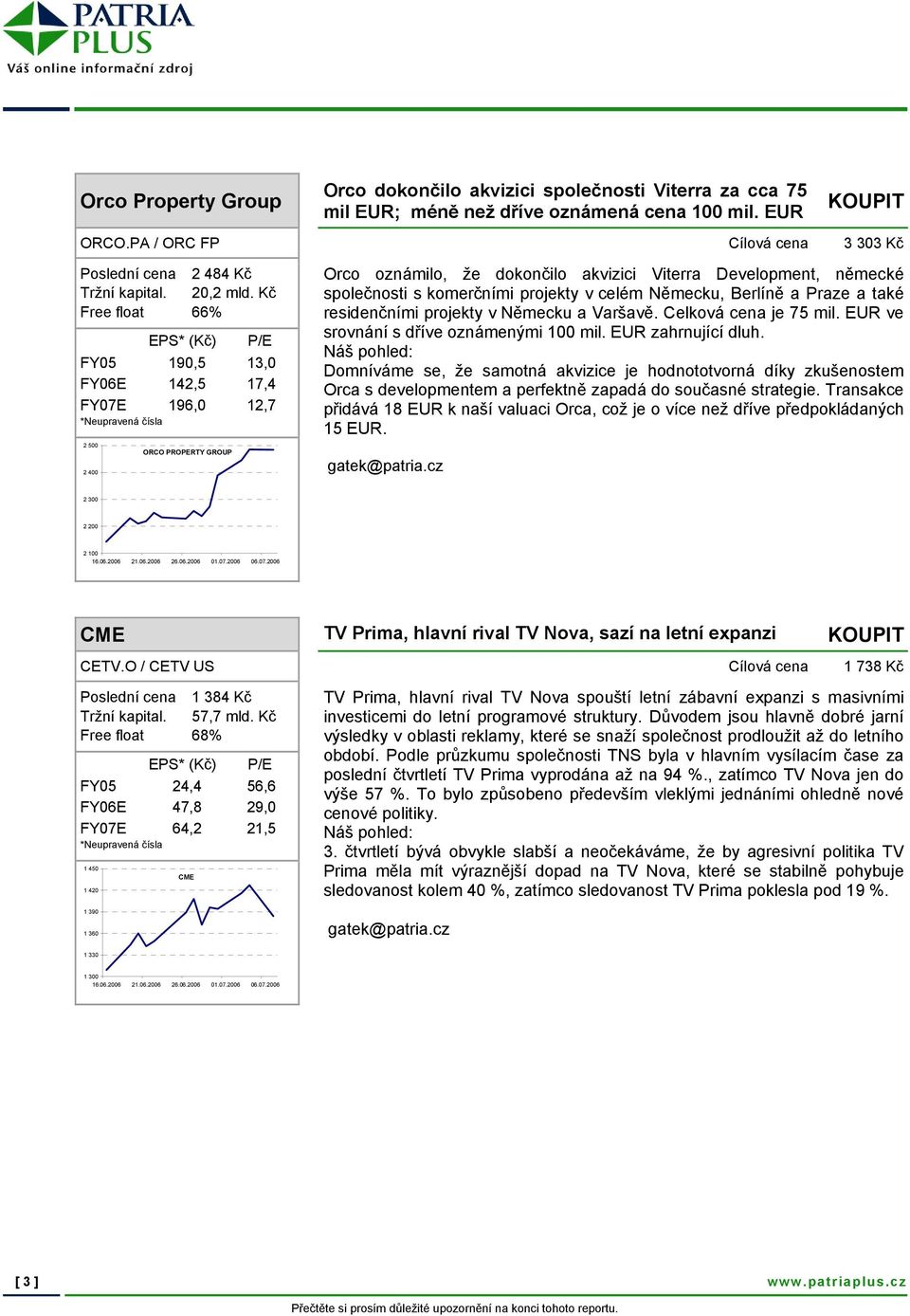 Kč Free float 66% EPS* (Kč) P/E FY05 190,5 13,0 FY06E 142,5 17,4 FY07E 196,0 12,7 *Neupravená čísla 2 500 2 400 ORCO PROPERTY GROUP Orco oznámilo, že dokončilo akvizici Viterra Development, německé