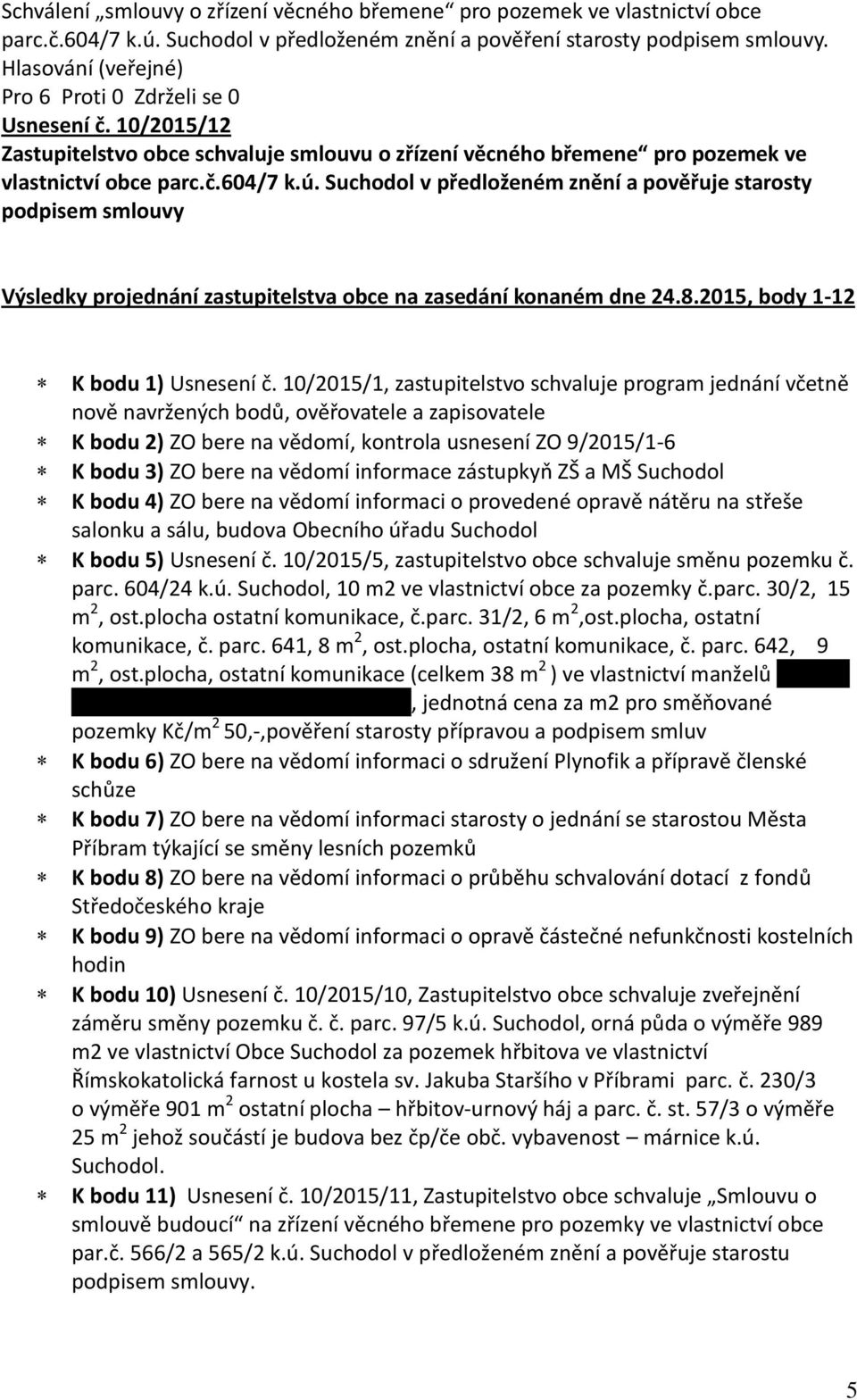 Suchodol v předloženém znění a pověřuje starosty podpisem smlouvy Výsledky projednání zastupitelstva obce na zasedání konaném dne 24.8.2015, body 1-12 K bodu 1) Usnesení č.