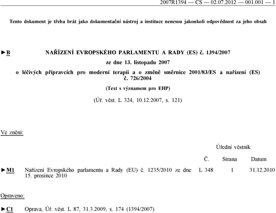 A RADY (ES) č. 1394/2007 ze dne 13. listopadu 2007 o léčivých přípravcích pro moderní terapii a o změně směrnice 2001/83/ES a nařízení (ES) č.