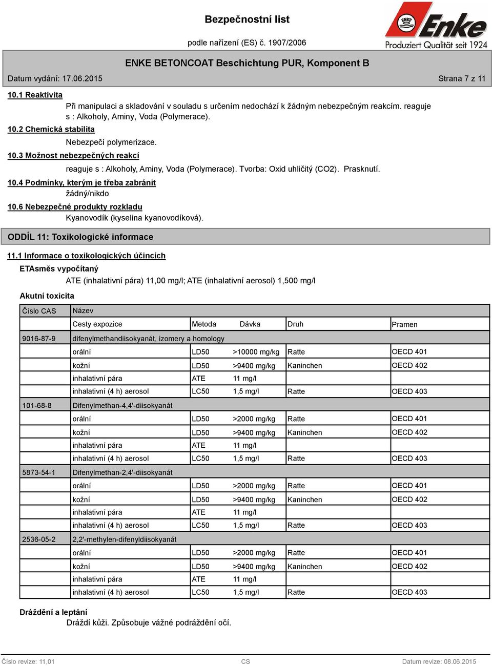 6 Nebezpečné produkty rozkladu Kyanovodík (kyselina kyanovodíková). ODDÍL 11: Toxikologické informace 11.