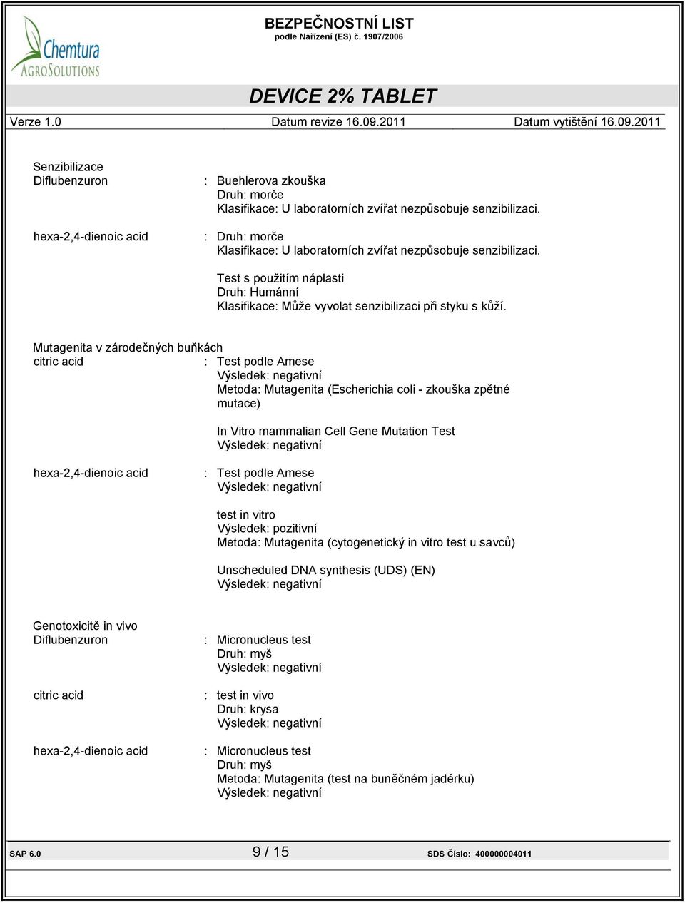 Mutagenita v zárodečných buňkách : Test podle Amese Výsledek: negativní Metoda: Mutagenita (Escherichia coli - zkouška zpětné mutace) In Vitro mammalian Cell Gene Mutation Test Výsledek: negativní :