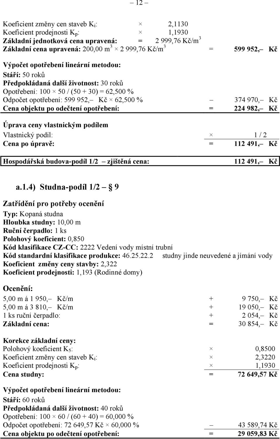 po odečtení opotřebení: = 224 982, Kč Úprava ceny vlastnickým podílem Vlastnický podíl: 1 