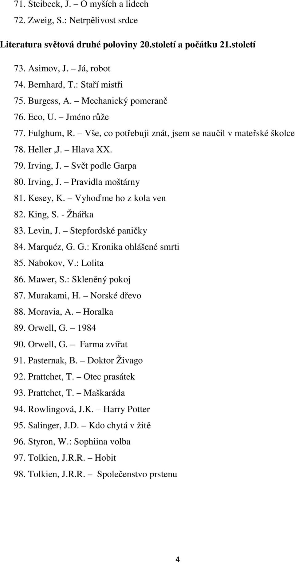 Kesey, K. Vyhoďme ho z kola ven 82. King, S. - Žhářka 83. Levin, J. Stepfordské paničky 84. Marquéz, G. G.: Kronika ohlášené smrti 85. Nabokov, V.: Lolita 86. Mawer, S.: Skleněný pokoj 87.