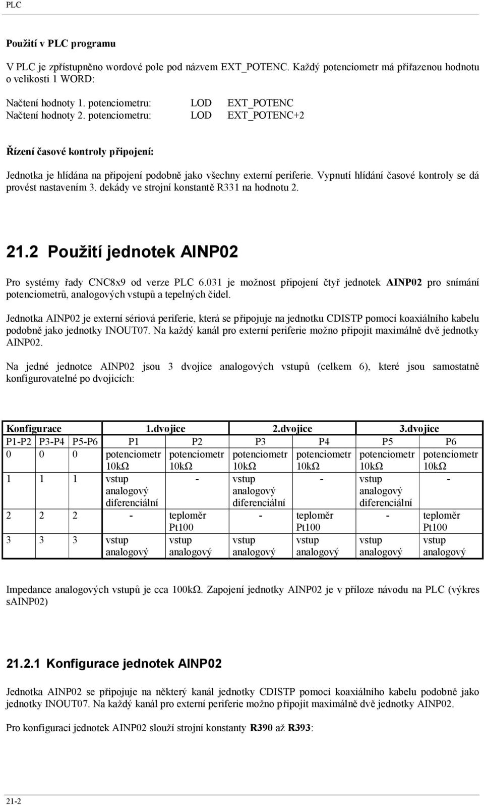 dekády ve strojní konstantě R331 na hodnotu 2. 21.2 Použití jednotek AINP02 Pro systémy řady CNC8x9 od verze PLC 6.031 je možnost připojení čtyř jednotek AINP02 pro snímání ů, ch ů a tepelných čidel.