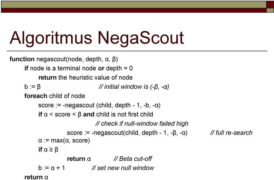 if α < score < β and child is not first child // check if null-window failed high score := -negascout(child, depth - 1,