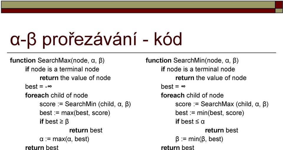 best) return best function SearchMin(node, α, β) if node is a terminal node return the value of node best = foreach
