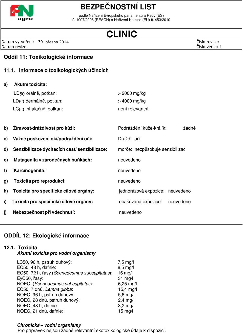 .1. Informace o toxikologických účincích a) Akutní toxicita: LD50 orálně, potkan: LD50 dermálně, potkan: LC50 inhalačně, potkan: > 2000 mg/kg > 4000 mg/kg není relevantní b) Žíravost/dráždivost pro