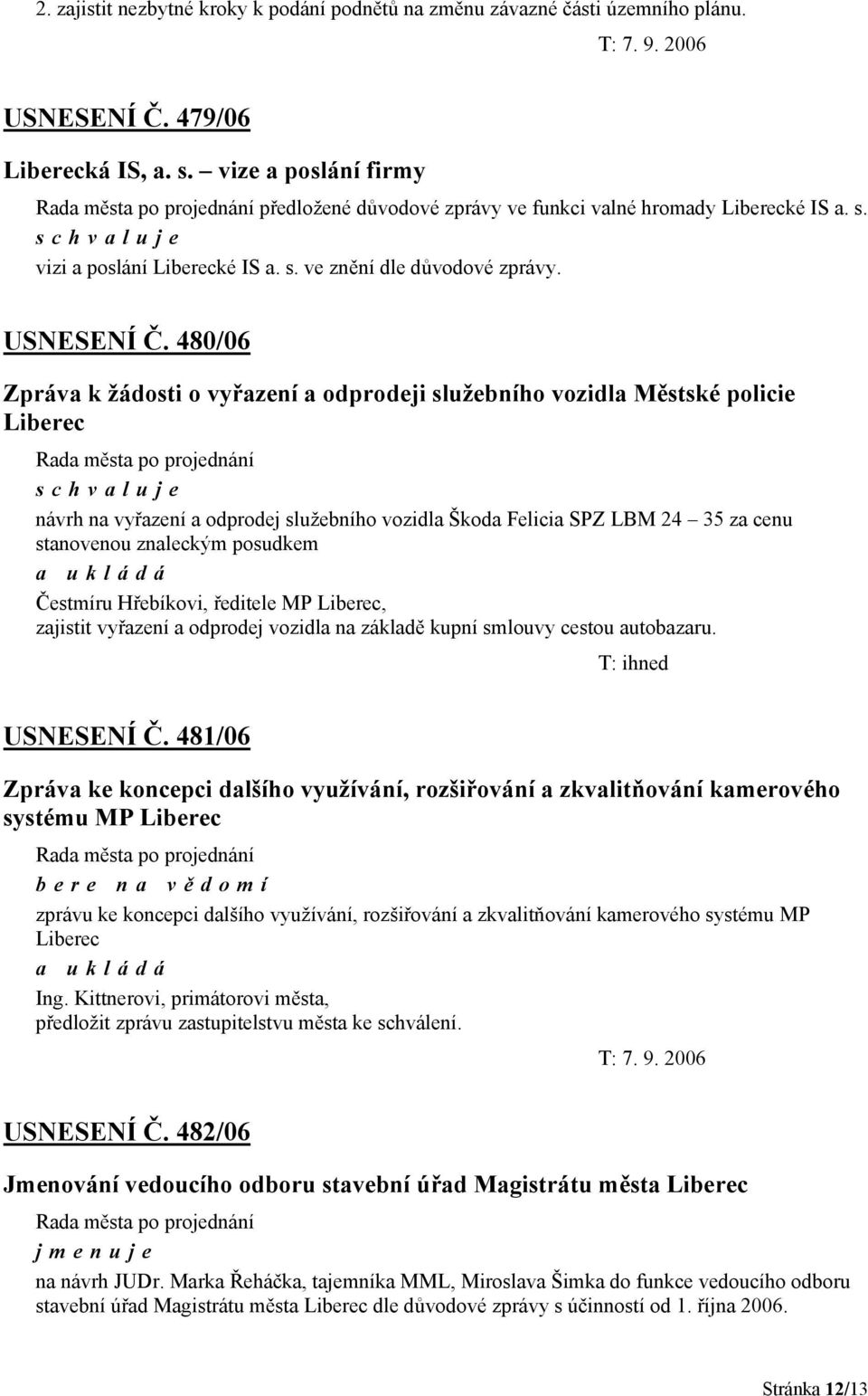 480/06 Zpráva k žádosti o vyřazení a odprodeji služebního vozidla Městské policie Liberec návrh na vyřazení a odprodej služebního vozidla Škoda Felicia SPZ LBM 24 35 za cenu stanovenou znaleckým