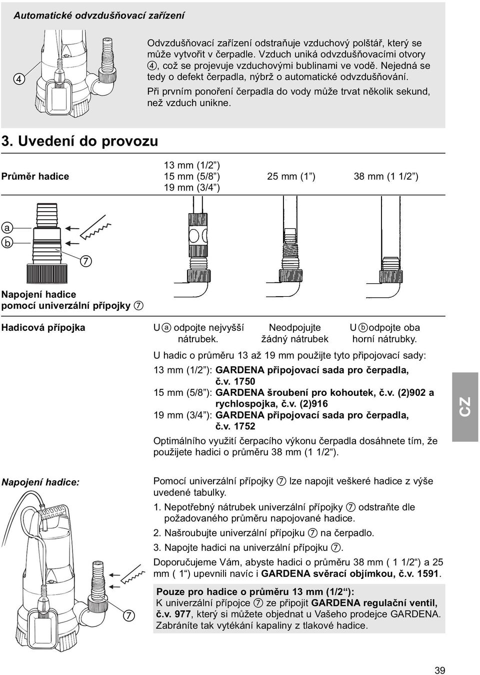 Při prvním ponoření čerpadla do vody může trvat několik sekund, než vzduch unikne. 3.