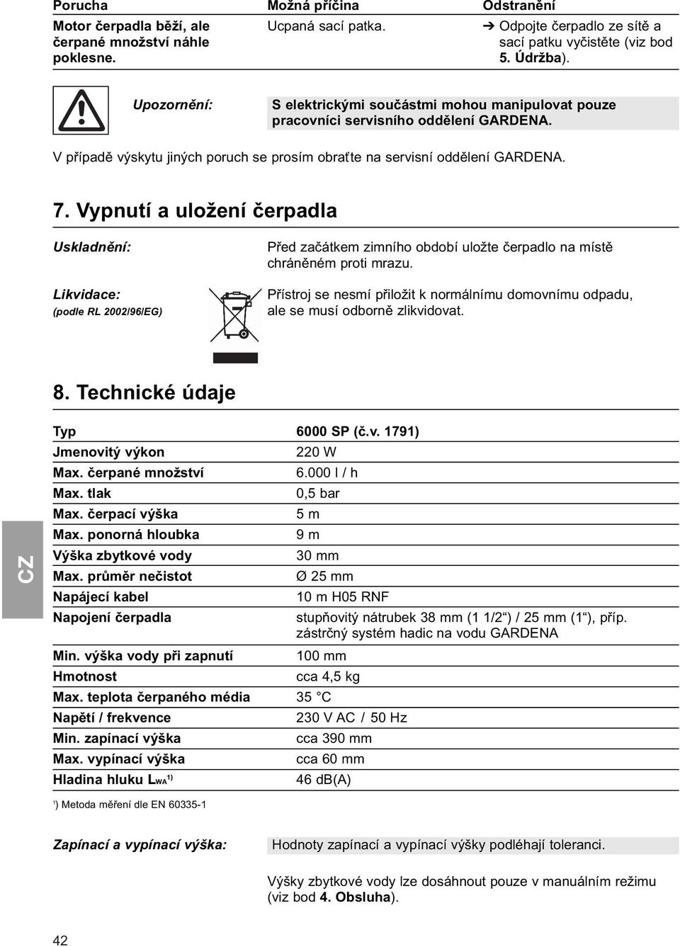 Vypnutí a uložení čerpadla Uskladnění: Likvidace: (podle RL 2002/96/EG) Před začátkem zimního období uložte čerpadlo na místě chráněném proti mrazu.