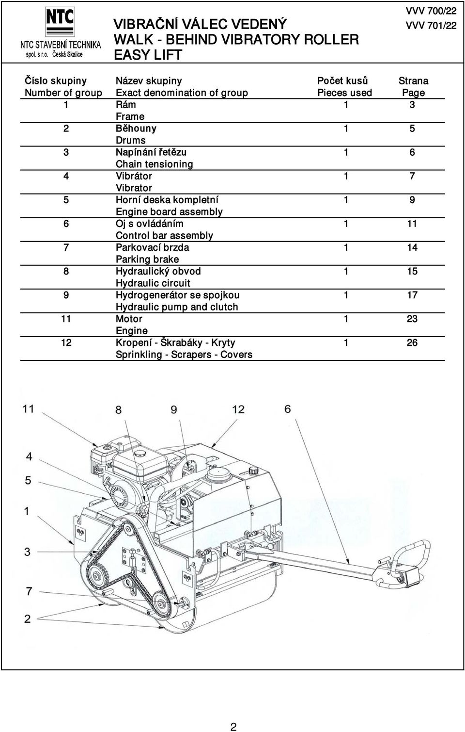 9 Engine board assembly 6 Oj s ovládáním 1 11 Control bar assembly 7 Parkovací brzda 1 14 Parking brake 8 Hydraulický obvod 1 15 Hydraulic circuit