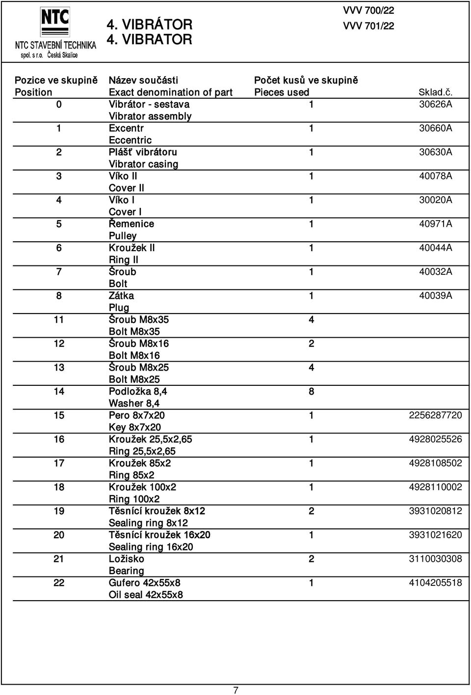 1 40971A Pulley 6 Kroužek II 1 40044A Ring II 7 Šroub 1 40032A Bolt 8 Zátka 1 40039A Plug 11 Šroub M8x35 4 Bolt M8x35 12 Šroub M8x16 2 Bolt M8x16 13 Šroub M8x25 4 Bolt M8x25 14 Podložka 8,4 8