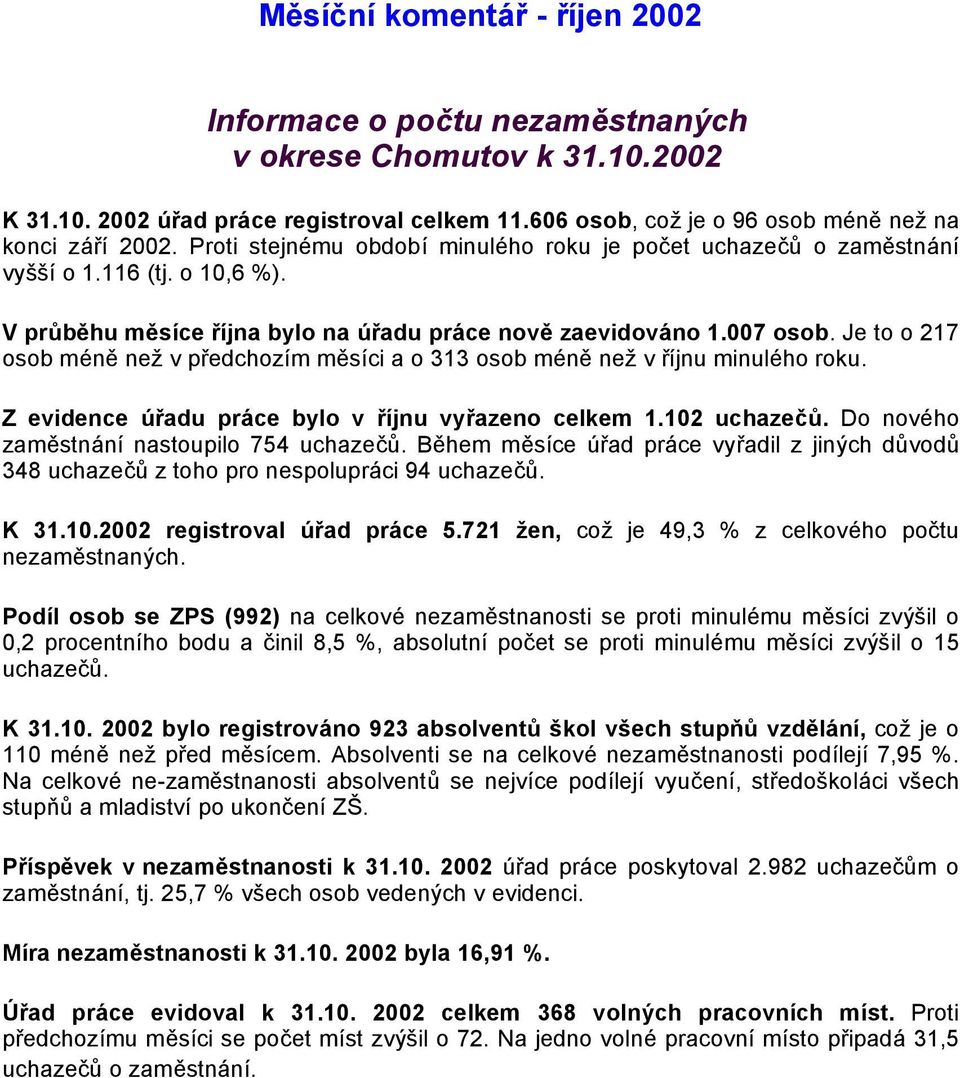 Je to o 217 osob méně než v předchozím měsíci a o 313 osob méně než v říjnu minulého roku. Z evidence úřadu práce bylo v říjnu vyřazeno celkem 1.