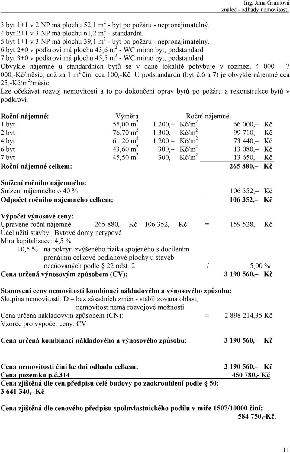 U podstandardu (byt č.6 a 7) je obvyklé nájemné cca 25,-Kč/m 2 /měsíc. Lze očekávat rozvoj nemovitosti a to po dokončení oprav bytů po požáru a rekonstrukce bytů v podkroví.