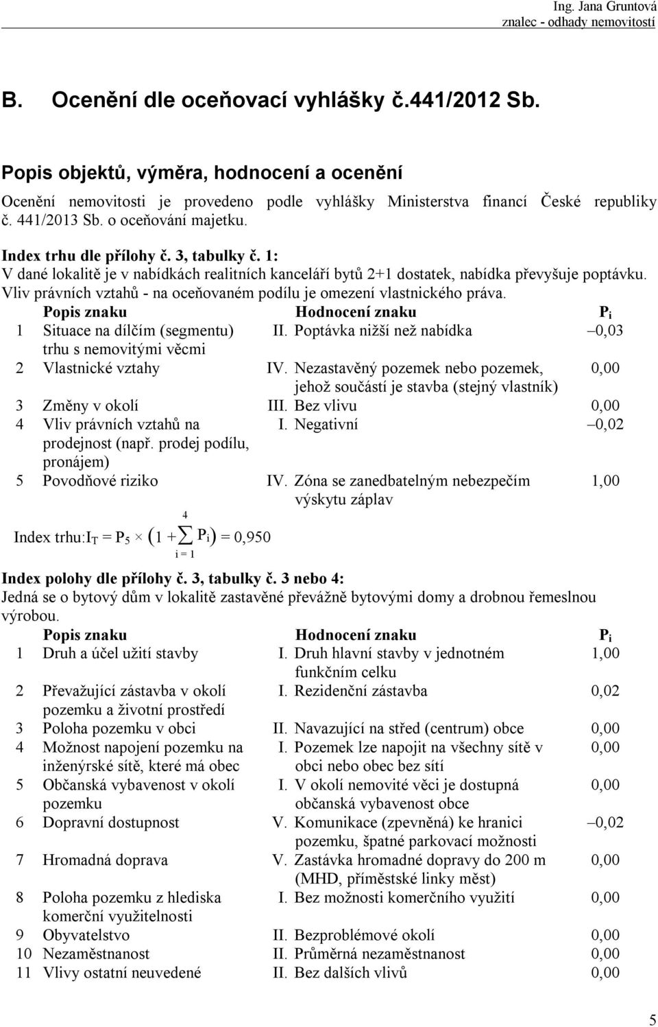 Vliv právních vztahů - na oceňovaném podílu je omezení vlastnického práva. Popis znaku Hodnocení znaku P i 1 Situace na dílčím (segmentu) II.