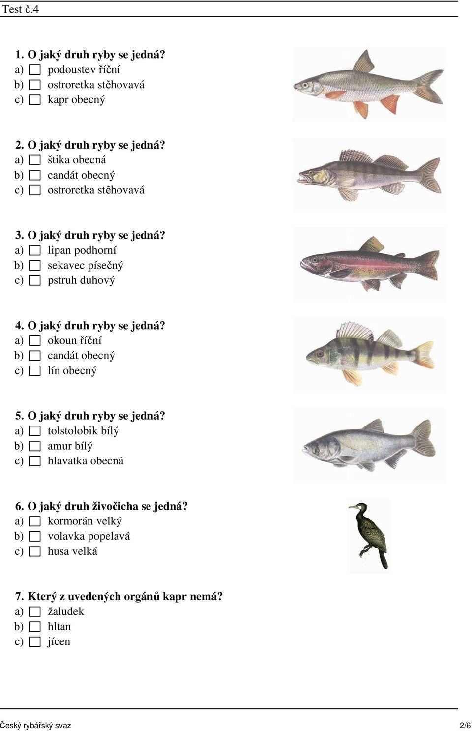 a) okoun říční b) candát obecný c) lín obecný 5. O jaký druh ryby se jedná? a) tolstolobik bílý b) amur bílý c) hlavatka obecná 6.