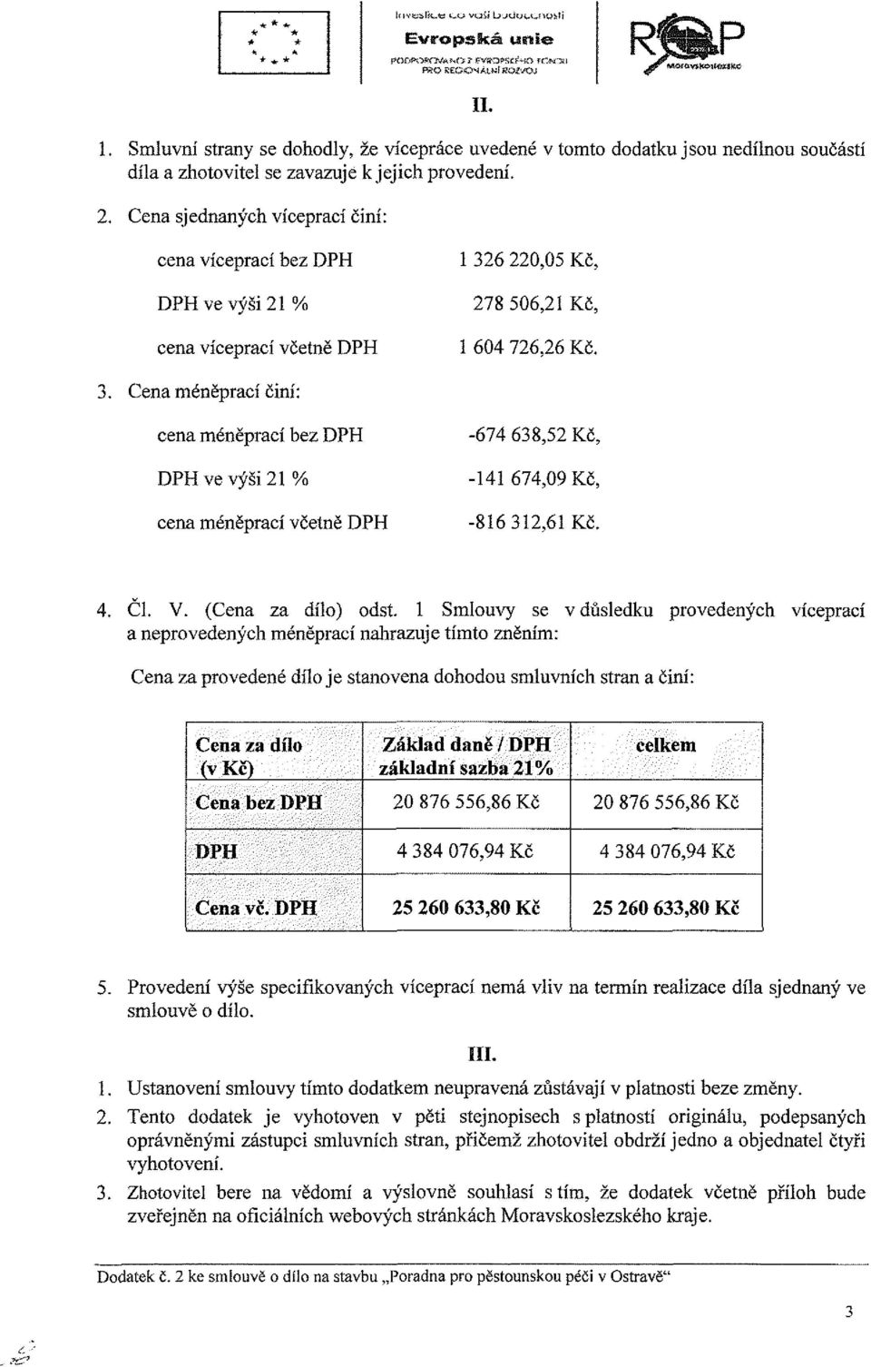 Cena sjednaných víceprací činí: cena víceprací bez DPH DPH ve výši 21 % cena víceprací včetně DPH 1 32