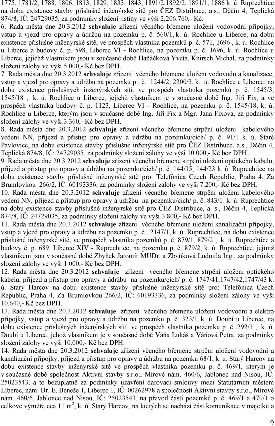 ržbu na pozemku p. č. 560/1, k. ú. Rochlice u Liberce, na dobu existence příslušné inženýrské sítě, ve prospěch vlastníka pozemků p. č. 571, 1696, k. ú. Rochlice u Liberce a budovy č. p. 598, Liberec VI - Rochlice, na pozemku p.