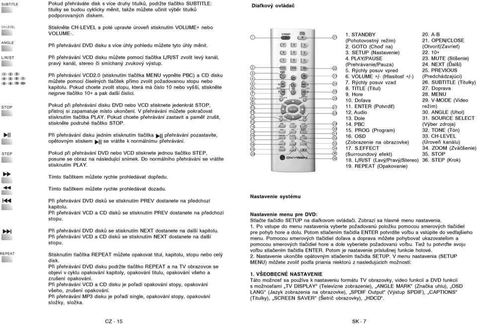 Při přehrávání VCD disku můžete pomocí tlačítka L/R/ST zvolit levý kanál, pravý kanál, stereo či smíchaný zvukový výstup. Při přehrávání VCD2.