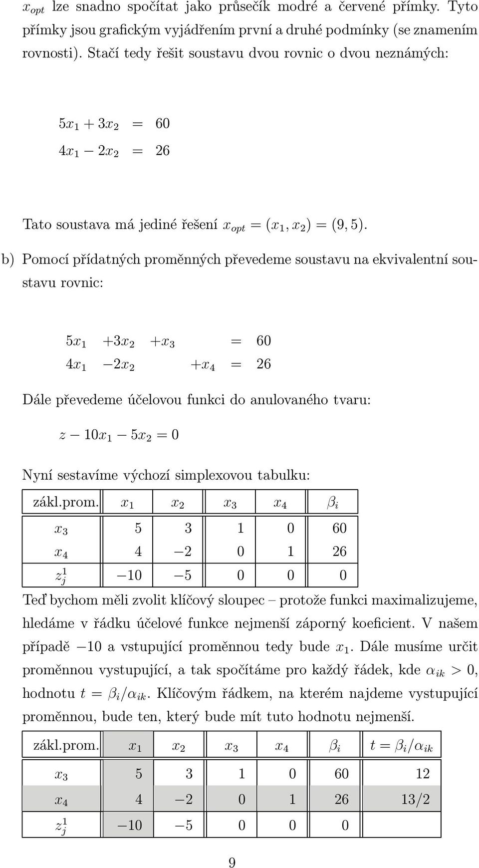 b) Pomocí přídatných proměnných převedeme soustavu na ekvivalentní soustavu rovnic: 5x 1 +3x 2 +x 3 = 60 4x 1 2x 2 +x 4 = 26 Dále převedeme účelovou funkci do anulovaného tvaru: z 10x 1 5x 2 = 0 Nyní