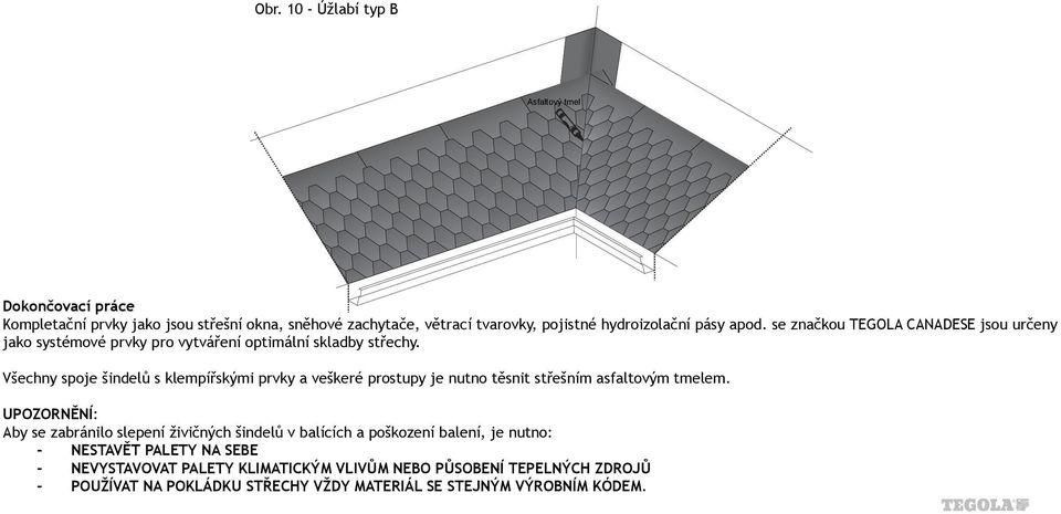 Všechny spoje šindelů s klempířskými prvky a veškeré prostupy je nutno těsnit střešním asfaltovým tmelem.