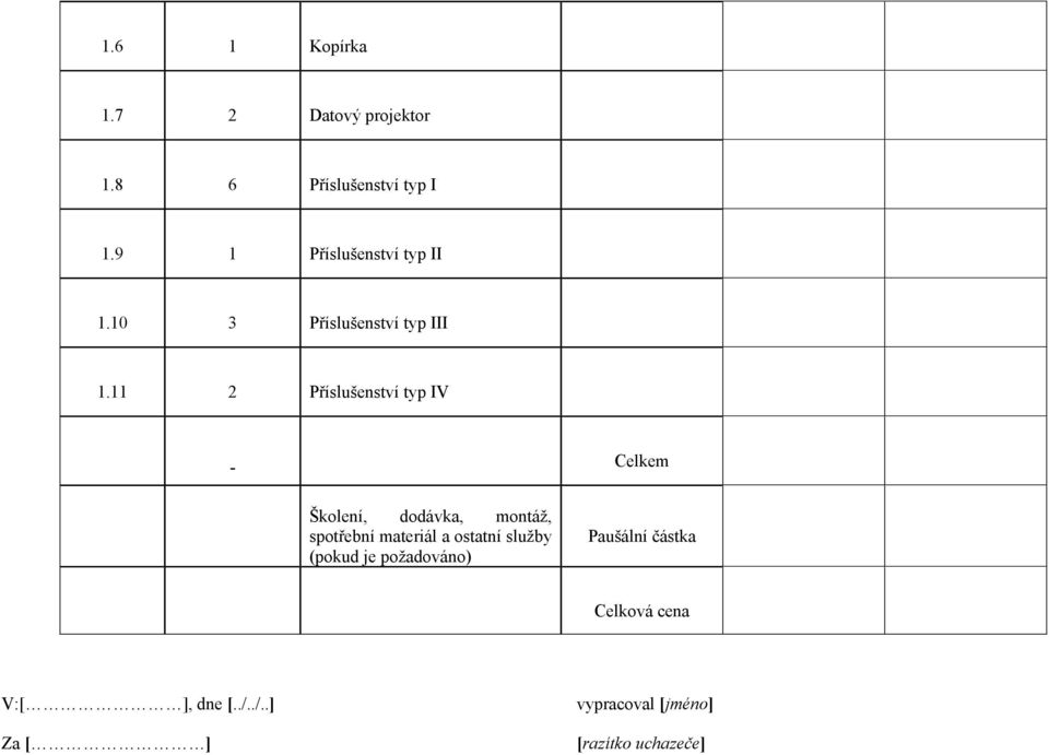 11 2 Příslušenství typ IV - Celkem Školení, dodávka, montáž, spotřební materiál a