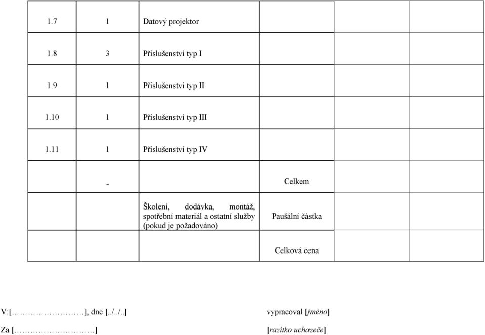 11 1 Příslušenství typ IV - Celkem Školení, dodávka, montáž, spotřební materiál
