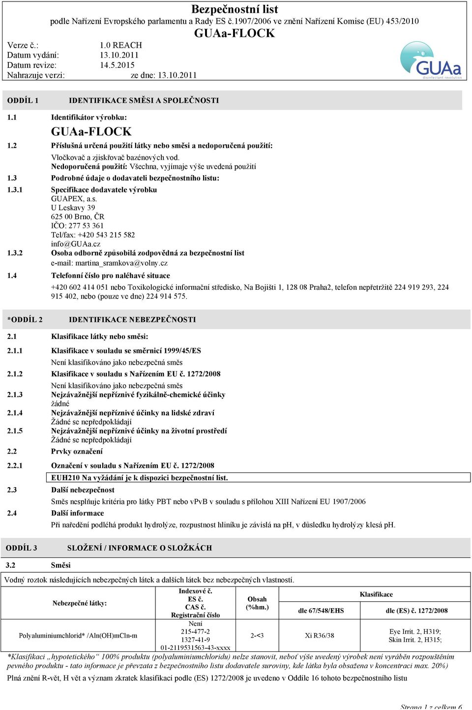 cz 1.3.2 Osoba odborně způsobilá zodpovědná za bezpečnostní list e-mail: martina_sramkova@volny.cz 1.4 Telefonní číslo pro naléhavé situace +420 602 414 051 nebo Toxikologické informační středisko,