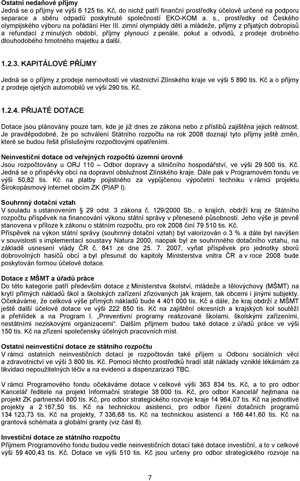 KAPITÁLOVÉ PŘÍJMY Jedná se o příjmy z prodeje nemovitostí ve vlastnictví Zlínského kraje ve výši 5 890 tis. Kč a o příjmy z prodeje ojetých automobilů ve výši 290 tis. Kč. 1.2.4.