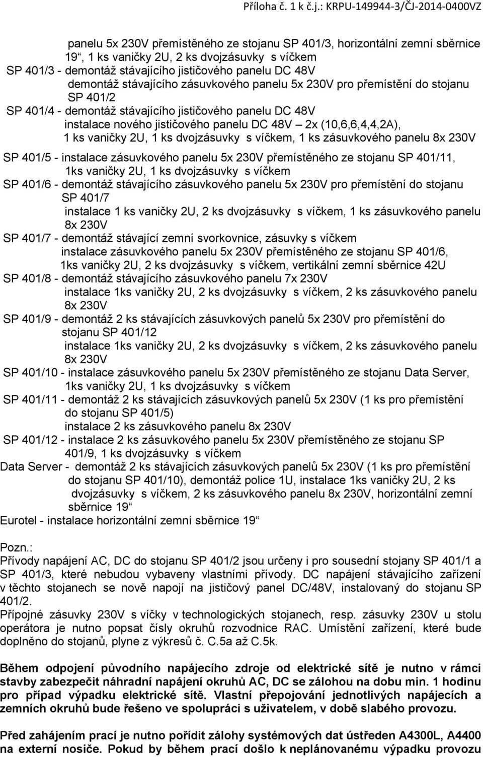 vaničky 2U, 1 ks dvojzásuvky s víčkem, 1 ks zásuvkového SP 401/5 - instalace zásuvkového panelu 5x 230V přemístěného ze stojanu SP 401/11, 1ks vaničky 2U, 1 ks dvojzásuvky s víčkem SP 401/6 -
