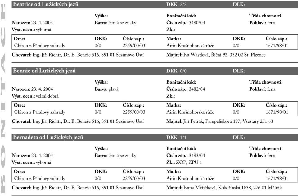 Beneše 516, 391 01 Sezimovo Ústí Majitel: Iva Wastlová, Říční 92, 332 02 St. Plzenec Bennie od Lužických jezů DKK: 0/0 DLK: Narozen: 23. 4. 2004 Barva: plavá Číslo záp.: 3482/04 Pohlaví: fena Výst.