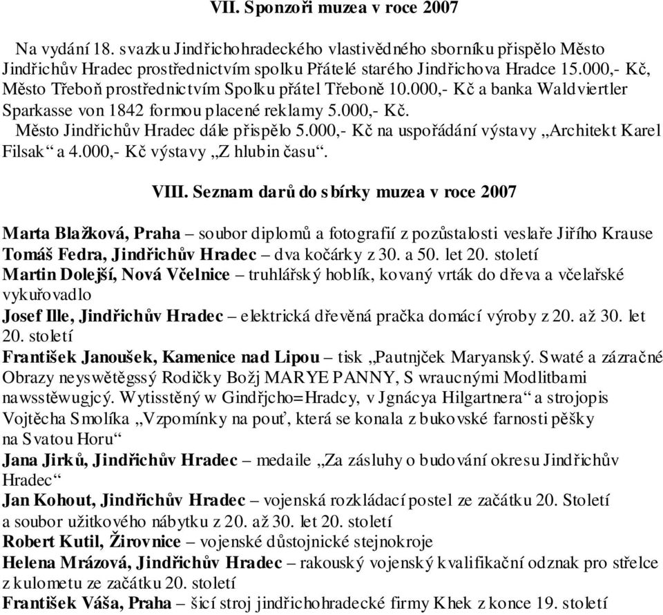 000,- Kč na uspořádání výstavy Architekt Karel Filsak a 4.000,- Kč výstavy Z hlubin času. VIII.