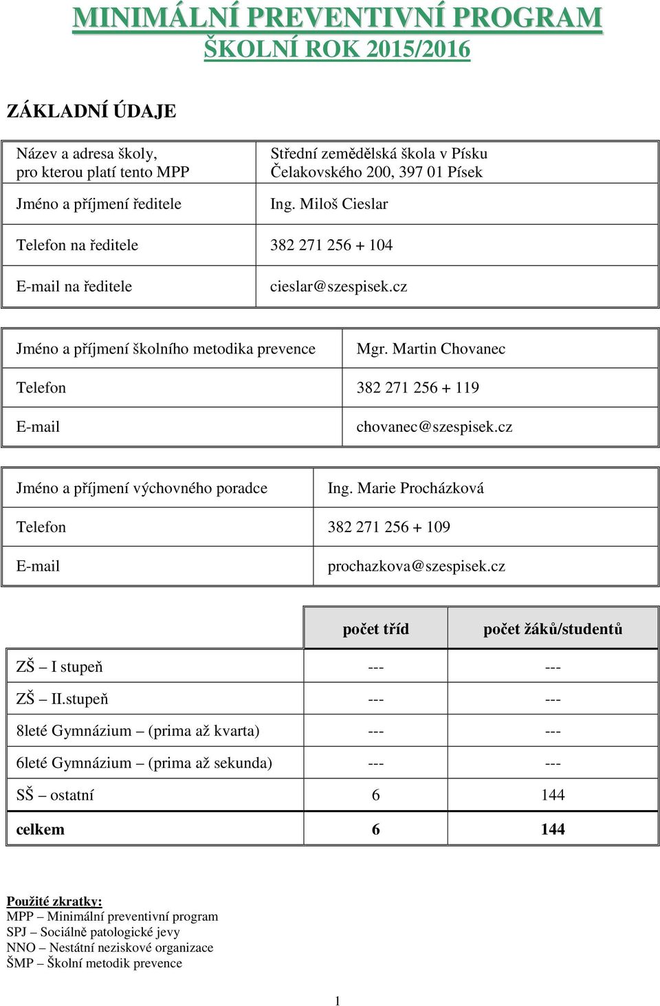 Martin Chovanec Telefon 382 271 256 + 119 E-mail chovanec@szespisek.cz Jméno a příjmení výchovného poradce Ing. Marie Procházková Telefon 382 271 256 + 109 E-mail prochazkova@szespisek.