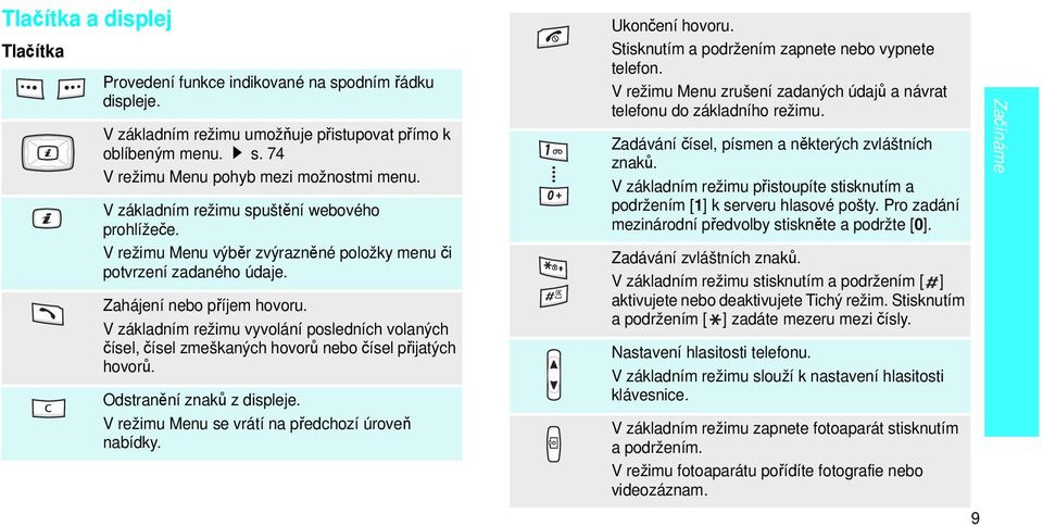 V základním režimu vyvolání posledních volaných čísel, čísel zmeškaných hovorů nebo čísel přijatých hovorů. Odstranění znaků z displeje. V režimu Menu se vrátí na předchozí úroveň nabídky.