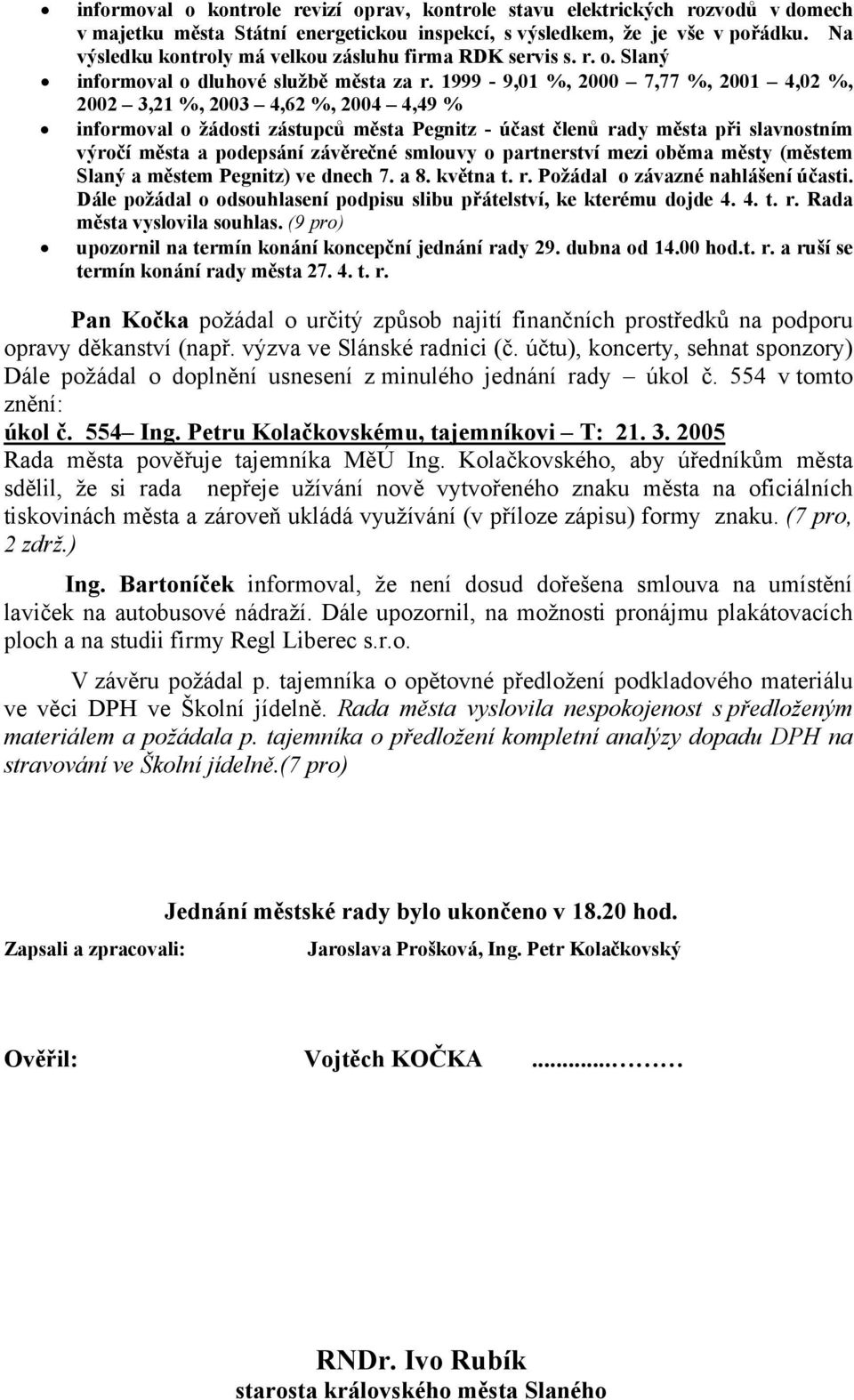 1999-9,01 %, 2000 7,77 %, 2001 4,02 %, 2002 3,21 %, 2003 4,62 %, 2004 4,49 % informoval o žádosti zástupců města Pegnitz - účast členů rady města při slavnostním výročí města a podepsání závěrečné