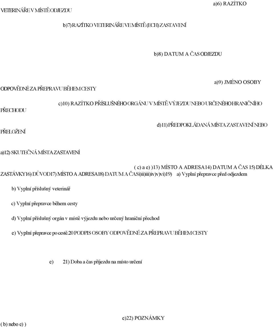 DÉLKA ZASTÁVKY16) DŮVOD17) MÍSTO A ADRESA18) DATUM A ČASi)ii)iii)iv)v)vi)19) a) Vyplní přepravce před odjezdem b) Vyplní příslušný veterinář c) Vyplní přepravce během cesty d) Vyplní příslušný