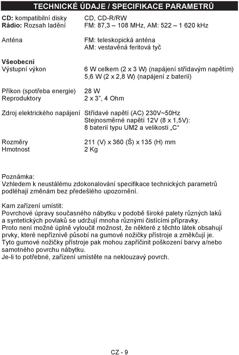 Střídavé napětí (AC) 230V~50Hz Stejnosměrné napětí 12V (8 x 1,5V): 8 baterií typu UM2 a velikosti C Rozměry Hmotnost 211 (V) x 360 (Š) x 135 (H) mm 2 Kg Poznámka: Vzhledem k neustálému zdokonalování